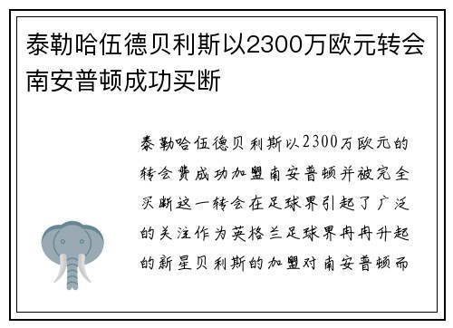 泰勒哈伍德贝利斯以2300万欧元转会南安普顿成功买断 泰勒哈伍德贝利斯以2300万欧元转会南安普顿成功买断